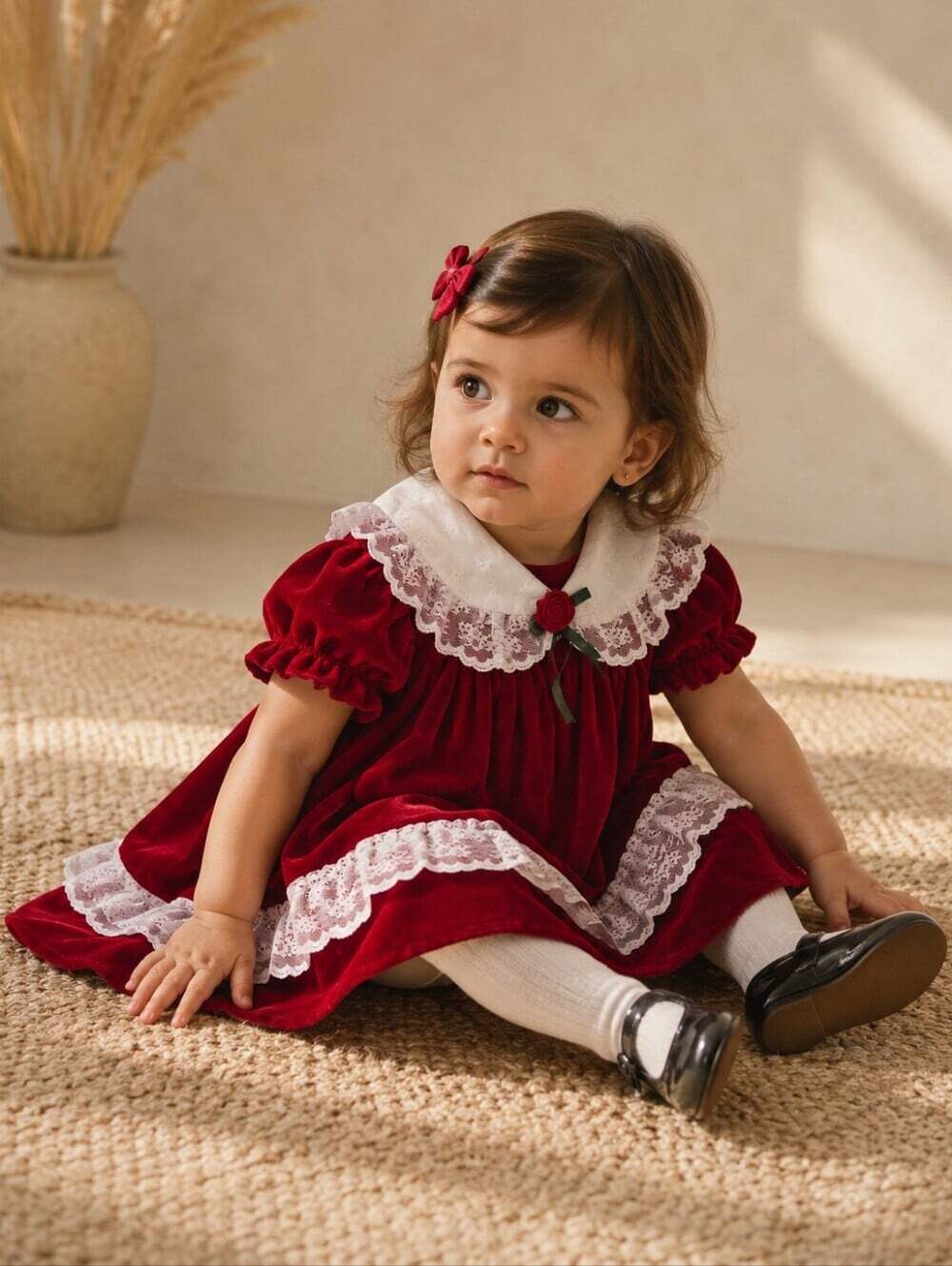 Vintage Glamour Bell Red Velvet Christmas Dress Lace Collar Rose Girls 12M
